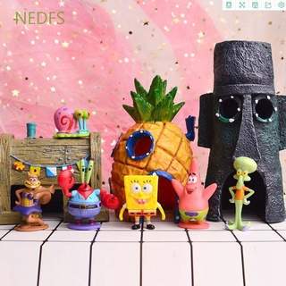 NEDFS 12pcs/set Action Figurine Cute Model Toys Figure Toys Patrick Star Octopus house Kids Toys Sponge Squidward Home Ornaments SpongeBob