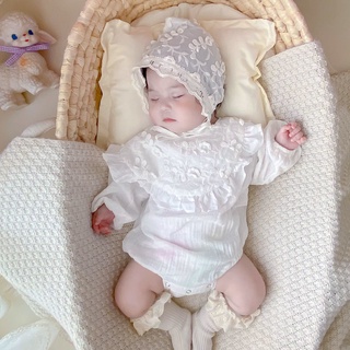 2PCS Newborn Long Sleeve Lace Embroidered Romper and Hat