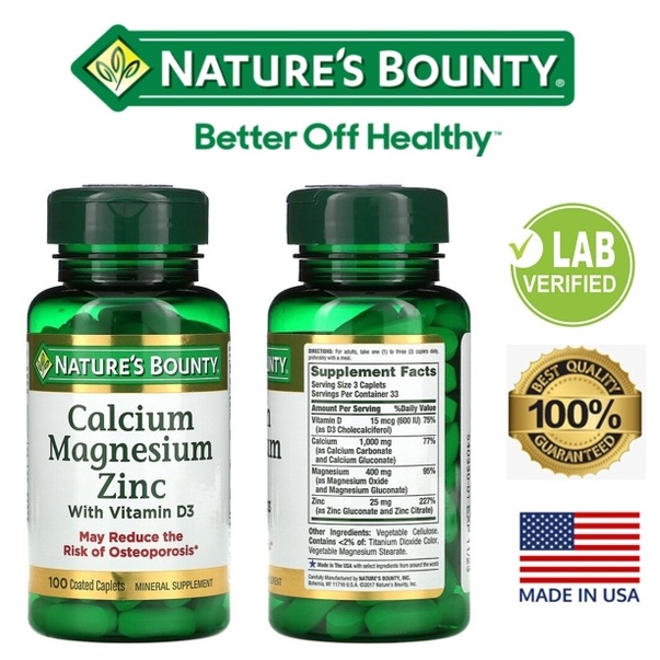Nature's Bounty, Calcium Magnesium Zinc with Vitamin D3, 100 Coated Caplets