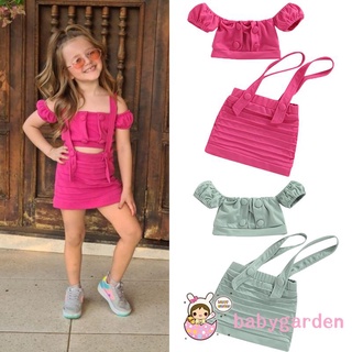 Babygarden ชุดเสื้อครอปแขนสั้น เปิดไหล่ และกระโปรงสั้น ปรับได้ สําหรับเด็กผู้หญิง 2-7 ปี 2 ชิ้น