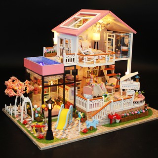 (มีไฟ+ที่ครอบ+เพลง) บ้าน DIY บ้านตุ๊กตา โมเดลบ้าน Mini Doll House บ้านโมเดล