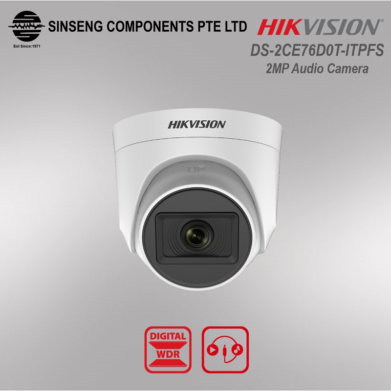 Hikvision Audio ไมโครโฟนในตัว 2MP กล้องวงจรปิดอะนาล็อกพร้อมเลนส์มุมกว้าง 2.8 มม. DS-2CE76D0T-ITPFS [