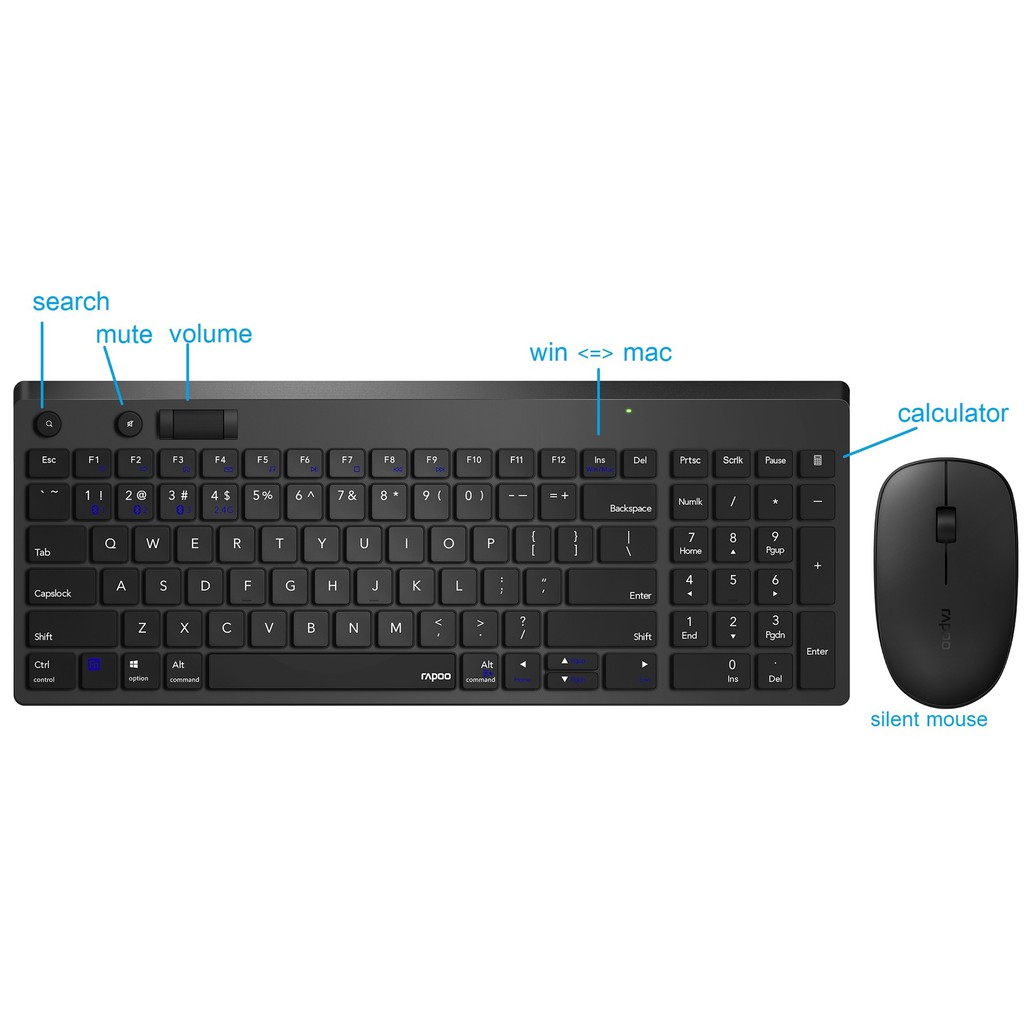 Rapoo รุ่น 8050T Multi-mode Wireless Keyboard  Mouse - Black (คีย์บอร์ด  เม้าส์) (KB-8050T-BK)