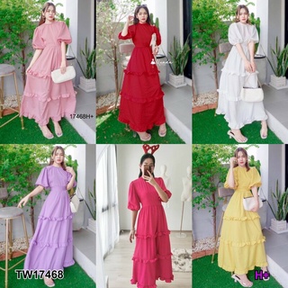 MM17468 แม็กซี่เดรสยาวผูกโบว์คอหลัง ผูกเอวแต่งระบาย 3 ชั้น	Long maxi dress with bow at the back 3 layers of ruffled wais