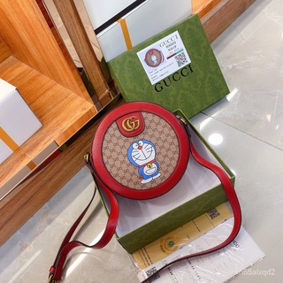 สีใหม【Luxury Bag】Gucci_ x Doraemon Series Women s Leather Brown 19cm Mini Round Sling Bag + Free Box (EL90-0)