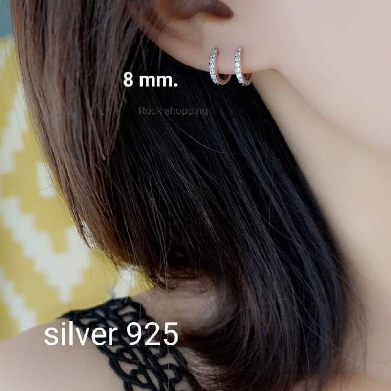 CZRSV12(silver 925)ต่างหูห่วงเงินแท้ ฝังเพชร(วงใน 5-12mm.หนา 2 mm.)  (ราคาต่อ 1คู่)