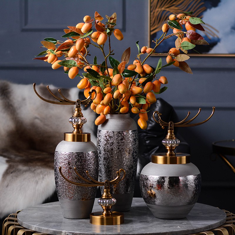 Modern minimalist luxury model room silver ceramic vase living with