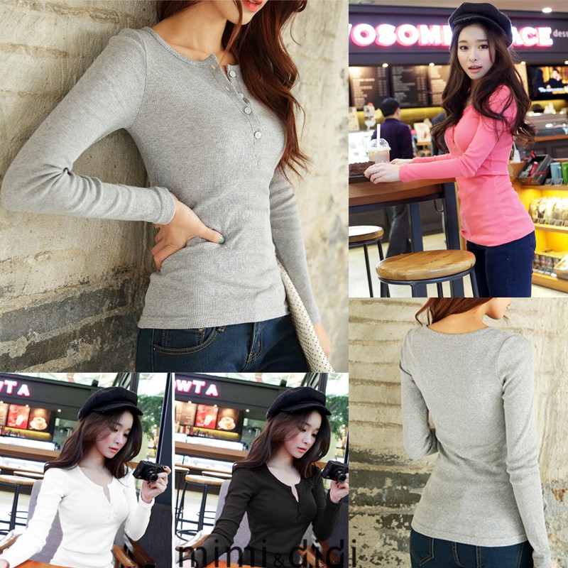 mimi&didi#เสื้อยืดแขนยาว ผ้าลูกฟูก คอกลม ผ่าคอเสื้อกระดุมถอดได้ สไตล์เกาหลี รัดรูปนิดหน่อย ใส่สบาย#1044