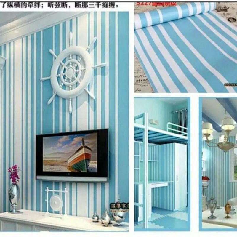 PUTIH WALLPAPER & STICKER MINIMALIST ROOM DECORTATION WHITE BLUE LINE MOTIF CAN PAY ON THE PLACE