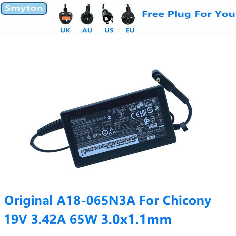 AC Adapter Charger สําหรับ Chicony 19V 3.42A 65W 3.0x1.1 มม.A18-065N3A A065R178P ACER แล็ปท็อปแหล่งจ