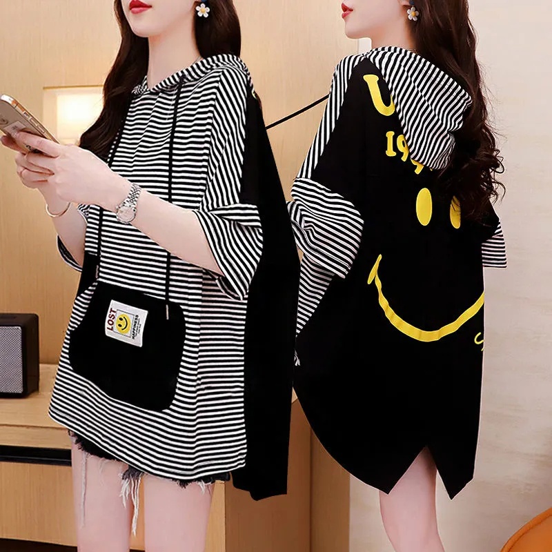 【40-115 กก.】เสื้อยืดแขนสั้น มีฮู้ด พลัสไซซ์ สําหรับผู้หญิง C9451