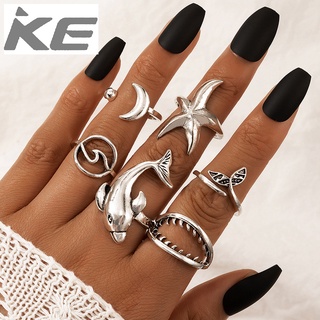 Popular jewelry marine dolphin starfish moon fish tail 6-piece silver ring for girls for women