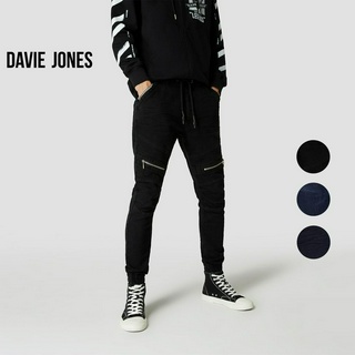 DAVIE JONES กางเกงจ็อกเกอร์ ยีนส์ เอวยางยืด ขาจั๊ม สีดำ Drawstring Denim Joggers in black GP0136BK 135DN