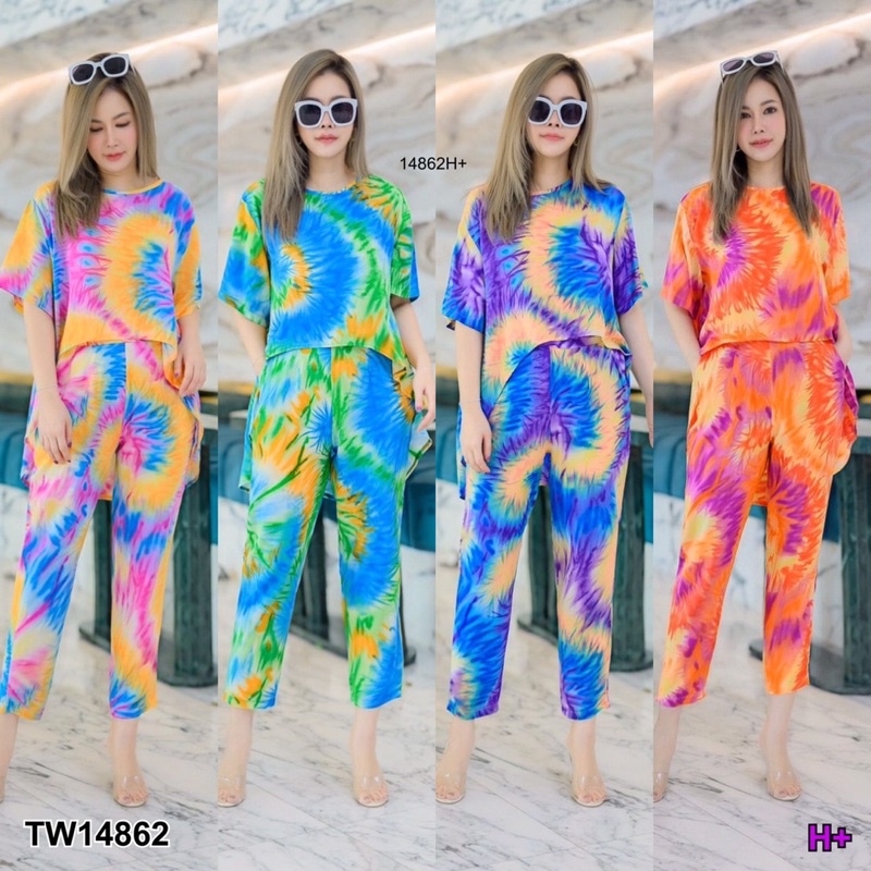 🌈🌴ชุดเที่ยว ไปทะเล Set 2 ชิ้น #สาวอวบ เสื้อทรงหางปลา มาคู่กับกางเกงขา 4 ส่วน มากระเป๋าล้วงข้าง