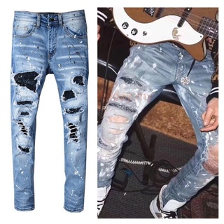 32 พร้อมส่ง AMIRI holes diamond patch blue jeans slim pants