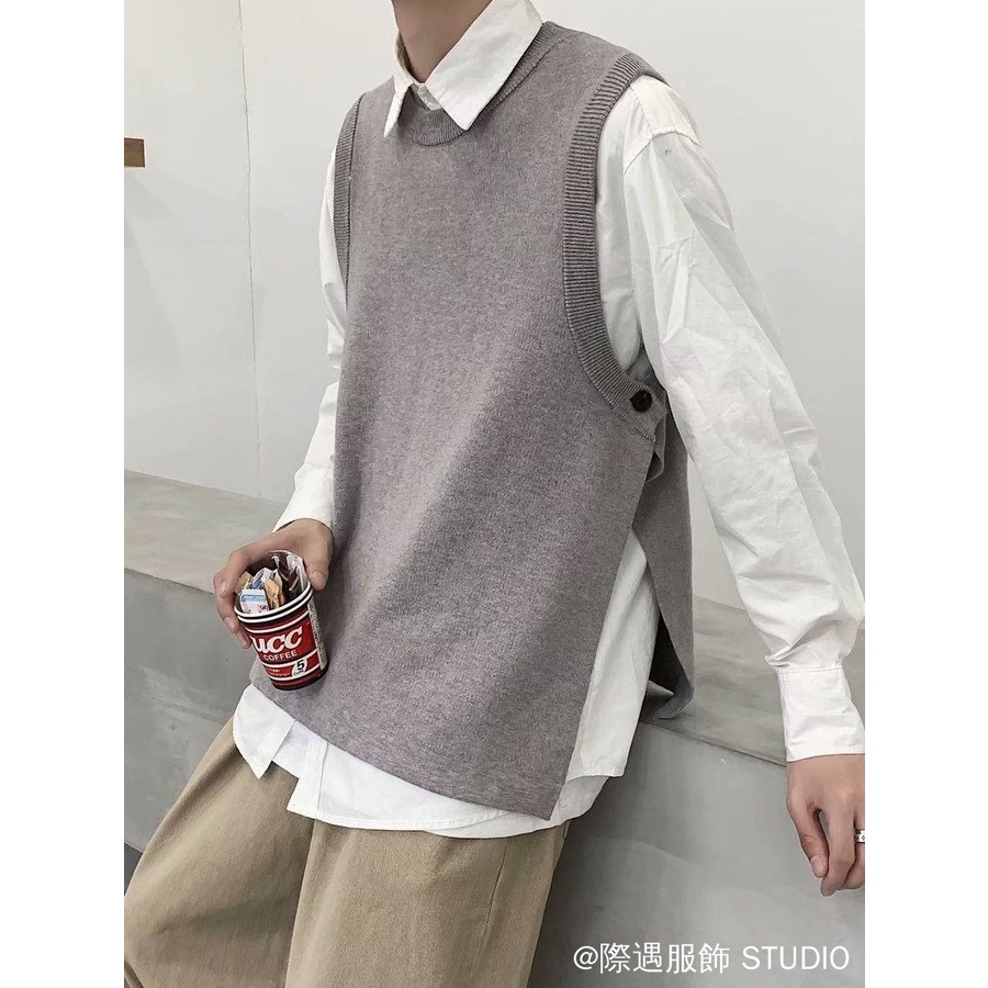 เสื้อกันหนาวเสื้อกั๊ก ฤดูใบไม้ร่วงฤดูหนาวสไตล์ถักเสื้อกั๊กสีกากีสบายๆทุกการแข่งขันหลวมสไตล์ฮ่องกงเสื้อกั๊กเสื้อกันหนาวชายหญิงคู่เสื้อกั๊กอินเทรนด์แยกถักเสื้อกั๊กกระโหลกสไตล์คอกลมถัก - รูปที่ 4