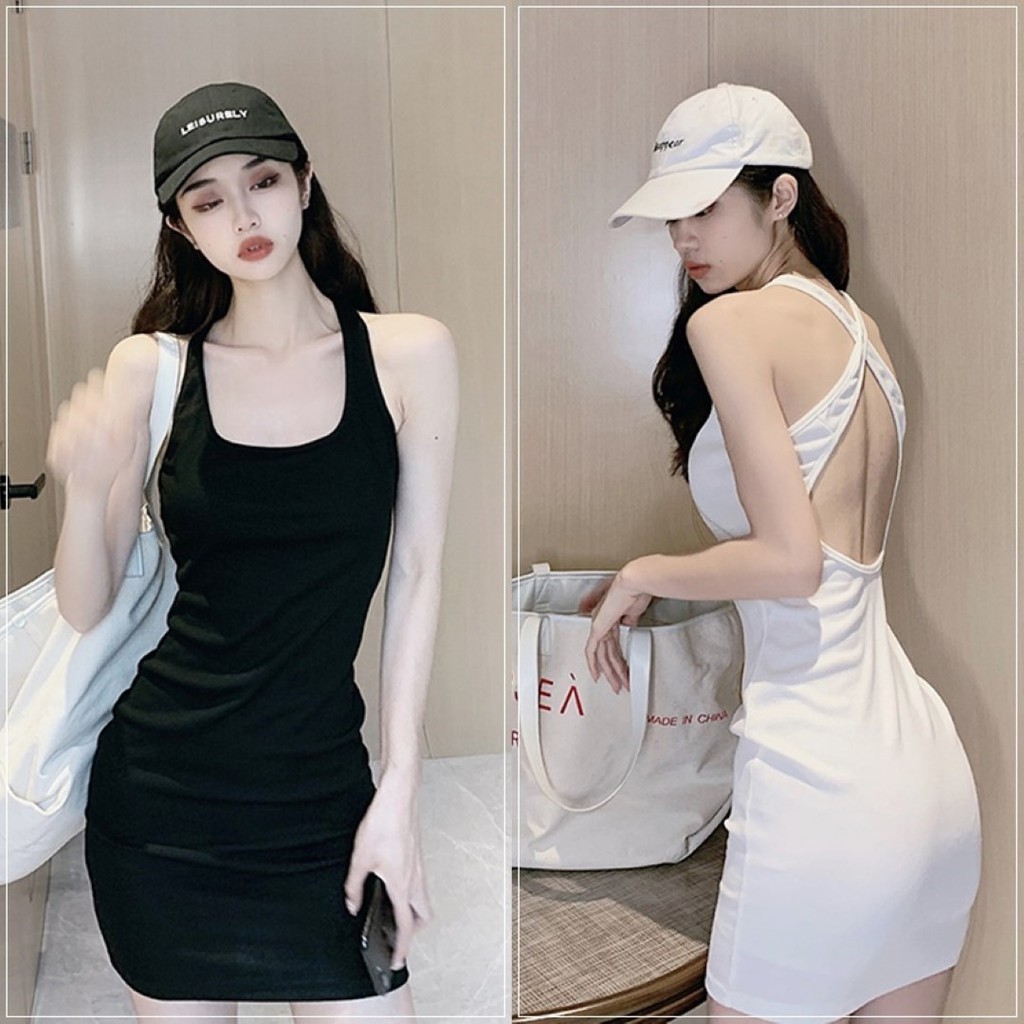 ราคาถูกที่สุด ชุดเดรสสั้นผ้าร่อง ทรงเข้ารูป ด้านหลังแต่งไขว้เซ็กซี่ 2 สี