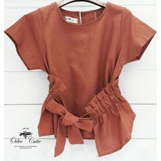 Odee&amp;Cutie Daily Fashion  linin blouse เสื้อผ้าลินินแท้100%ทรงเก๋ มีลูกเล่นเป็นเสื้อ2ชิ้น ผ้าผูกเอวแยกชิ้น เนื้อผ้าดี 