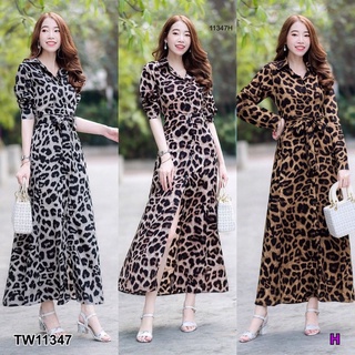 TW11347 Maxi Dress เดรสยาวปกเชิ้ต ติดกระดุมหน้า แขนยาว เนื้อผ้าหางกระรอก ลายเสือดาวสุดเซ็กซี่มีโบว์ผูกเอวใส่ได้ทุกโอกาส