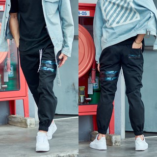 ((SALE)) เท่ ไม่ซ้ำใคร ขายาว JOGGER STREET cotton SST615 A -L ดำแถบทหาร เอวยืด 26-36 นิ้ว