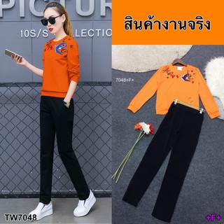 J7048  Set 2 ชิ้น เสื้อ แขนยาวปักลายนกตรงหน้าอก+กางเกงขายาว