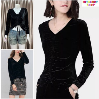 พร้อมส่ง.เสื้อกํามะหยี่รูดสายด้านหน้า Free size: 38 - 42 นิ้ว.