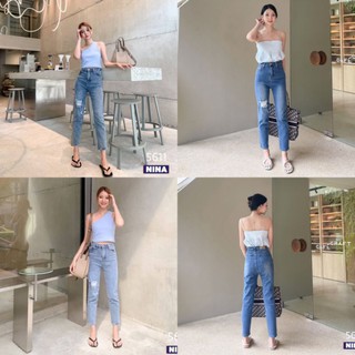 👖NN-ST🌟5611 กางเกงยีนส์เอวสูงปรี๊ดทรงบอยสลิม ผ้ายืดนิดๆ ทรงดี๊ดี เก็บทรงมากคะ