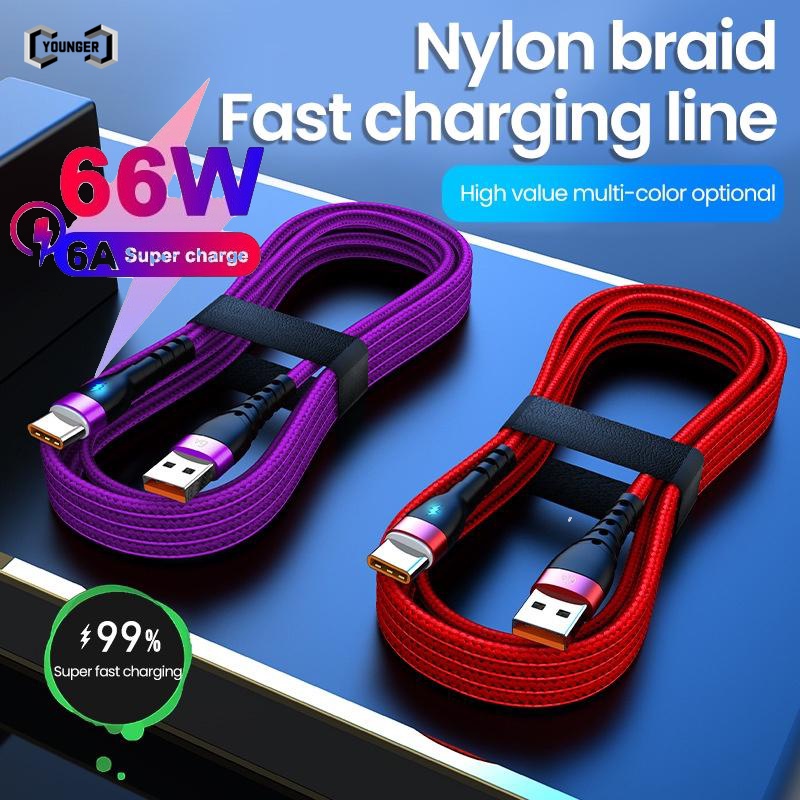สายชาร์จเร็วมาก 66W พร้อมไฟ 6A สายชาร์จไนล่อนถัก USB เป็น Type C สายเคเบิลข้อมูลไมโคร