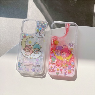 เคสโทรศัพท์มือถือ ป้องกันกระแทก ลายการ์ตูน Little Twin Stars Hello Kitty แต่งกลิตเตอร์ สําหรับ iPhone 14 Plus 14 Pro MAX 13 Pro MAX 12 Pro 11 Pro MAX X XS MAX XR 6 7 8Plus SE