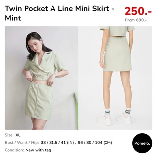 กระโปรง Pomelo สีเขียวพาสเทล ไซส์ XL มีกระเป๋าด้านหน้า Twin Pocket A Line Mini Skirt - Mint