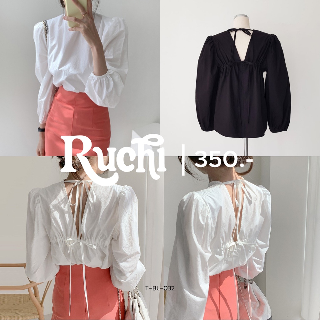 RUCHI❤️ พร้อมส่งในไทย✨bare back เสื้อคอกลม เสื้อทำงานสีดำ  แหวกหลัง มีเชือกรูปและผูกโบว์ด้านหลังได้
