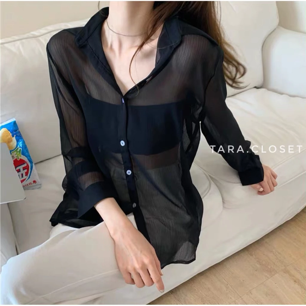 CF018 TARA Shirt Chiffon เสื้อเชิ้ต เสื้อคลุมแขนยาว กระเป๋าคู่ ทรงโอเวอร์ไซร์ แขนยาว เนื้อผ้าชีฟองเนื้อทรายอย่างดี