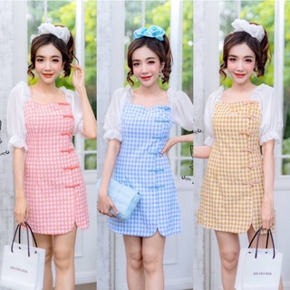 Chinese Button Dress เดรสสก๊อตเข้ารูปแต่งกระดุมจีน งานพรีเมียม