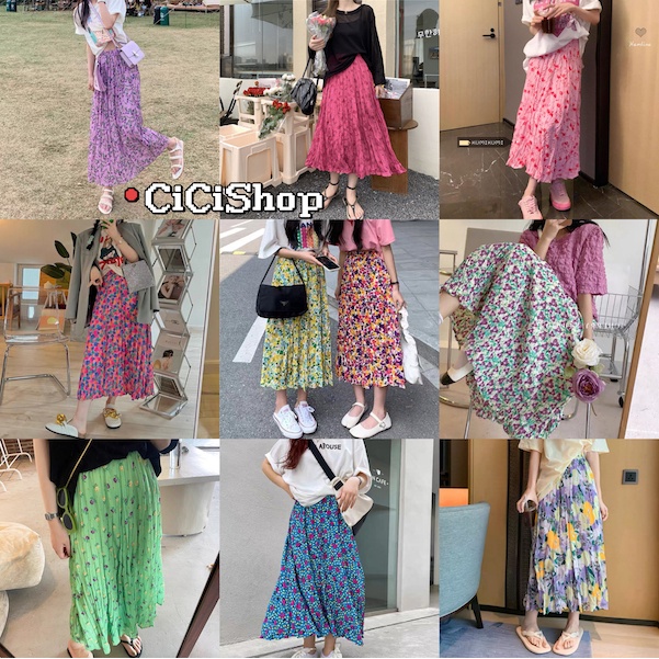 Cicishop(SALE/สุ่มสี 8825)กระโปรงยาวลายดอกไม้ สม็อคหลังมีซับใน ผ้าพริ้ว ใส่สบายจับแมทซ์ได้หลายลุคสุดๆ