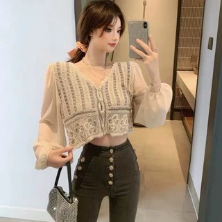ส่งทันที Ciciเสื้อแขนยาวไหมพรมถักแต่งลายฉลุซีทรูดอกไม้​ สีโทนอุ่น​สีพื้น(A11)
