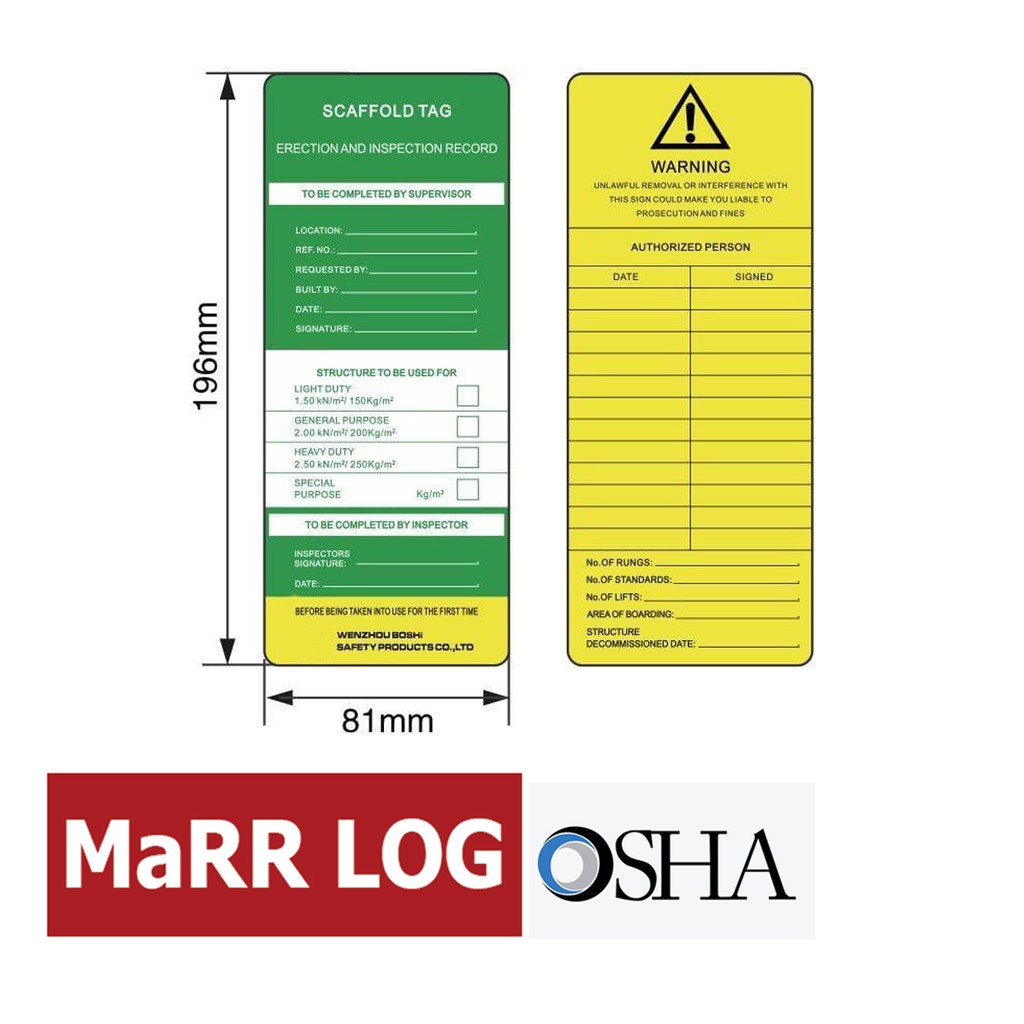 ป้ายแขวนนั่งร้าน ป้ายแสดงสถานะติดตั้งนั่งร้าน SCAFFOLD TAG (Scaffolding safety tag)ฺ รหัส BD-P38 MaRR LOG
