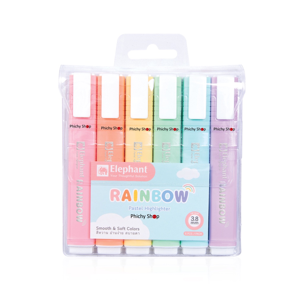 ปากกาเน้นข้อความ Highlighter ตราช้าง Elephant รุ่น Rainbow สีพาสเทล (แพค 6 สี)