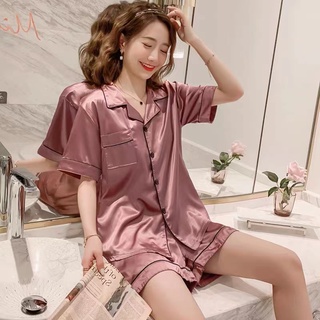 3333 E ชุดนอนสตรีแบบแขนสั้นติดกระดุมด้านหน้า ชุดนอนผ้าซาติน …