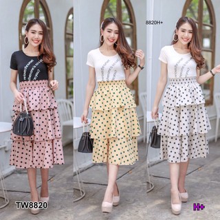 TW8820 Set 2 ชิ้น เสื้อยืดแขนสั้น+กระโปรงลายจุดเย็บเป็นขนมชั้นซ้อนกัน (ฟรีไซร้) +++สอบถามสินค้าก่อนสั่ง