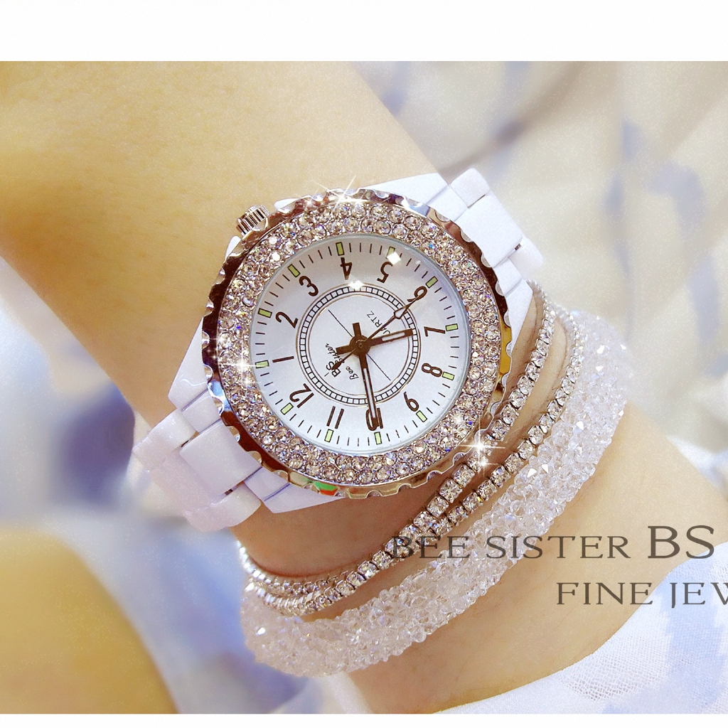 [ Bs BEE SISTER ] นาฬิกาข้อมือควอตซ์อะนาล็อกสแตนเลส Rhinestone แฟชั่น