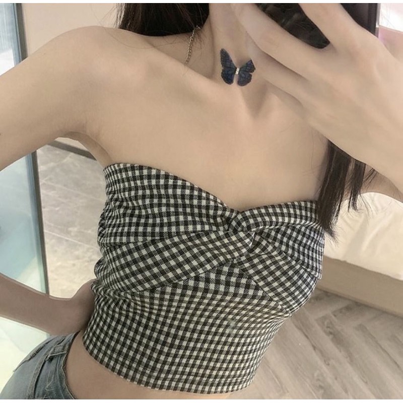 เสื้อเกาะอกสีดำลายสก็อตสม็อคหลัง