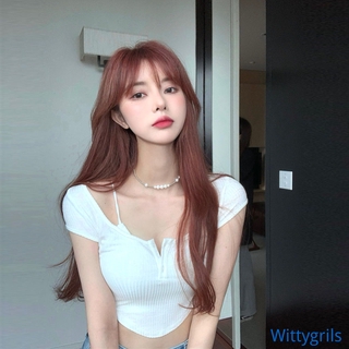 Wittygirls_shop รองเท้ากีฬาแฟชั่น | เสื้อครอปแขนสั้นผ้าถักสําหรับผู้หญิง