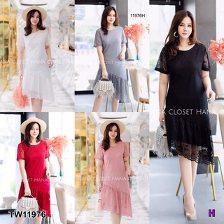 PP11976 Dress #สาวอวบ เดรสลูกไม้ระบายเฉียง