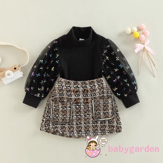 Babygarden- ชุดเสื้อแขนยาว ผ้าตาข่าย สีดํา และกระโปรงทรงเอ ติดกระดุม แฟชั่นฤดูใบไม้ร่วง สําหรับเด็กผู้หญิง อายุ 1-6 ปี 2 ชิ้น