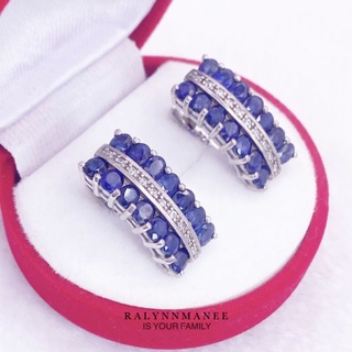 T6452 ต่างหูพลอยไพลินแท้ ( Blue sapphire ) แบบอิงลิชล็อค ตัวเรือนเงินแท้ 925 ชุบทองคำขาว