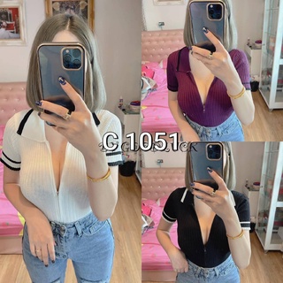 C1051.เสื้อไหมพรมซิปหน้ารุ่นล่างริ้ว