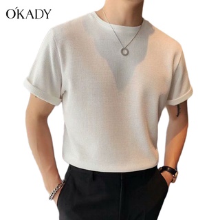 OKADY เสื้อยืดแขนสั้นผู้ชายวาฟเฟิล ฤดูร้อนใหม่ คอกลมหลวม เย็นสบาย