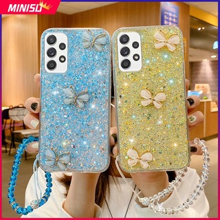 เคสโทรศัพท์มือถือ ซิลิโคนนุ่ม แต่งกลิตเตอร์ เลื่อมผีเสื้อ 3D พร้อมสายคล้องคริสตัล สําหรับ Samsung Galaxy A04S A13 A23 A33 A53 A73 5G A72 A52 A52S A02 A02S A03 A03S M02