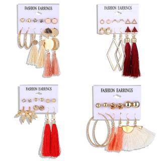 6 pieces ชุดตุ้มหูแฟชั่นประดับพู่สไตล์โบฮีเมียนสําหรับผู้หญิง Moon Triangle Tassel Stud Earrings