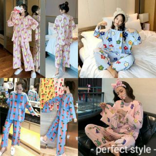 (พร้อมส่ง มีถึง2XL)ชุดนอนแขนยาวขายาว ลายการ์ตูน  มีถุงผ้า